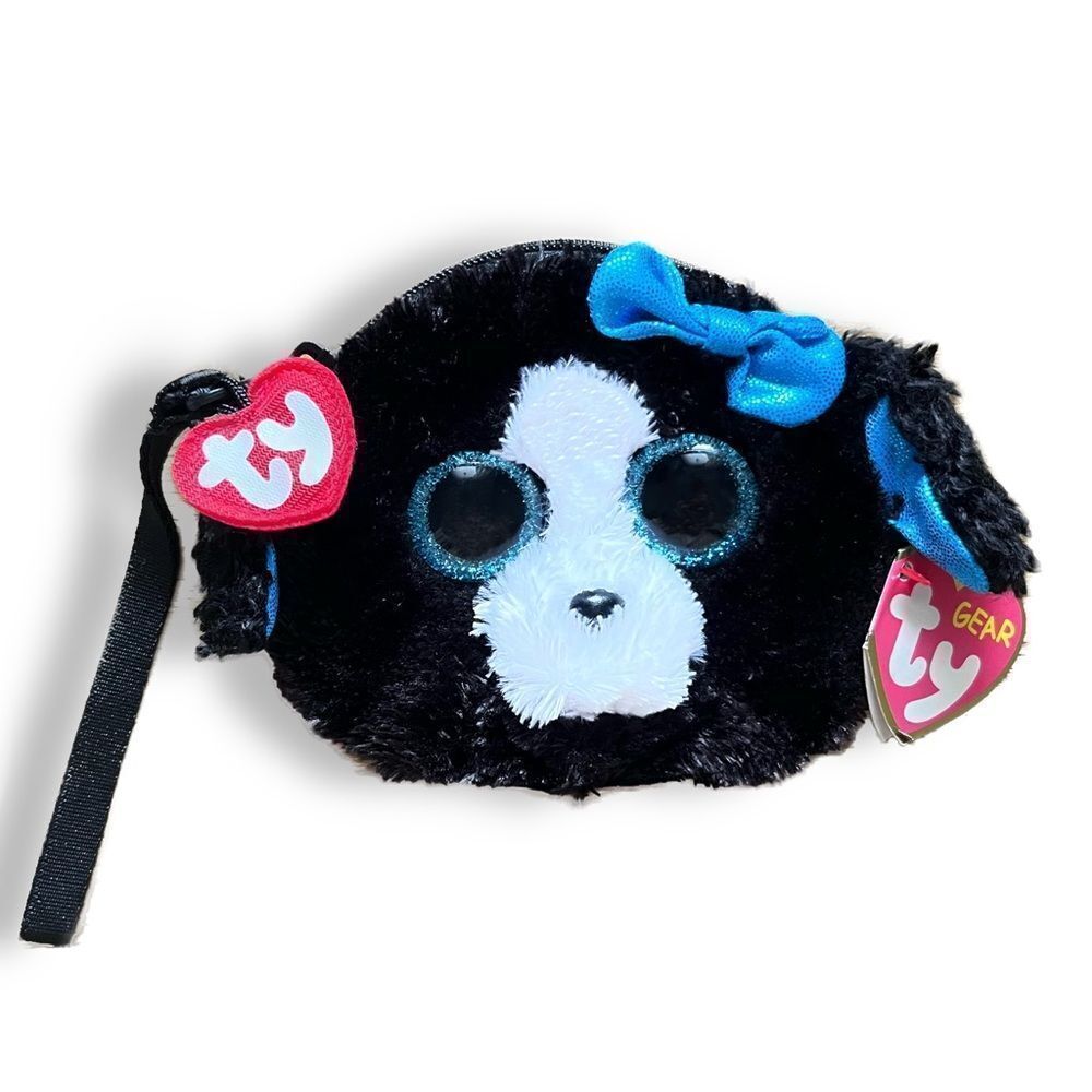 𝅺nwt TY Gear Beanie Boos Tracey Black and White Plush Puppy Blue Bow Wristlet